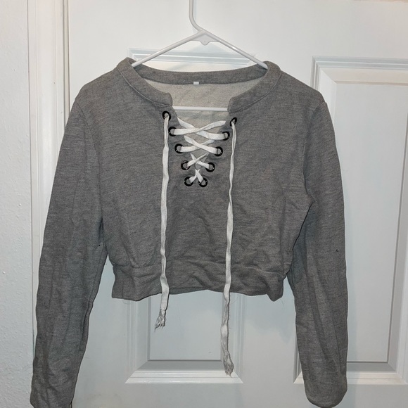 Cropped Tie Up Crew Neck - Picture 1 of 2